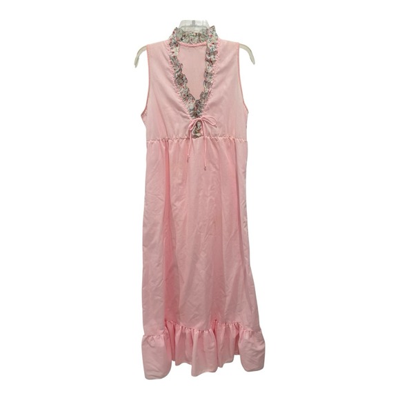 Other - Vintage Nightgown Small‎ Pink Ruffle Floral Trim Front Tie Up Sleeveless Blemish